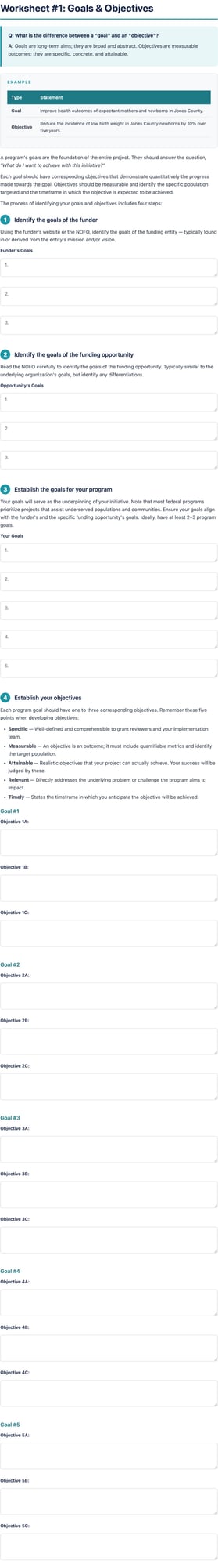 Worksheet #1: Goals & Objectives with fillable form fields, Q&A guidance, and examples